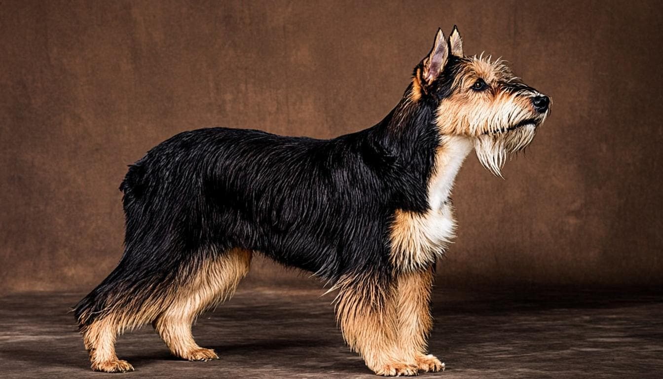 An elegant adult Biewer Terrier showing the breed's refined proportions and flowing tri-colour coat