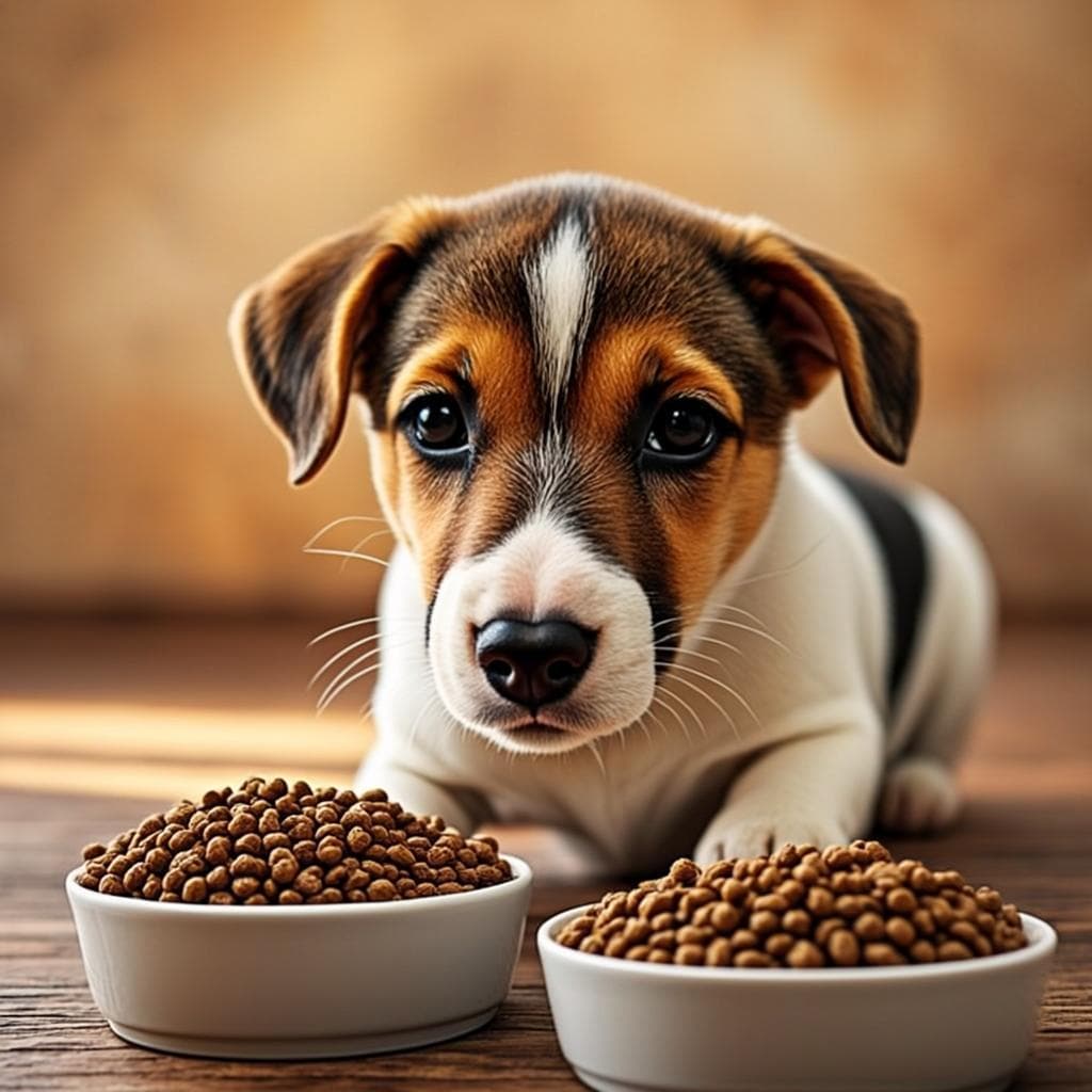 A Biewer Terrier puppy tasting its first solid food