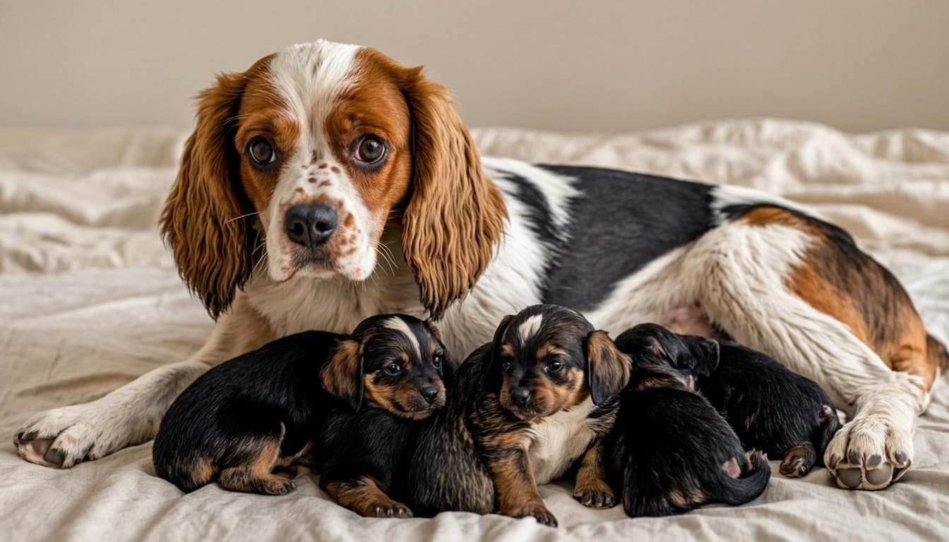 A Biewer Terrier dam nursing her litter