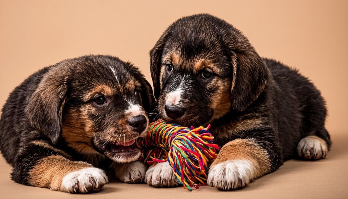 Two Biewer Terrier puppies playing with a soft toy