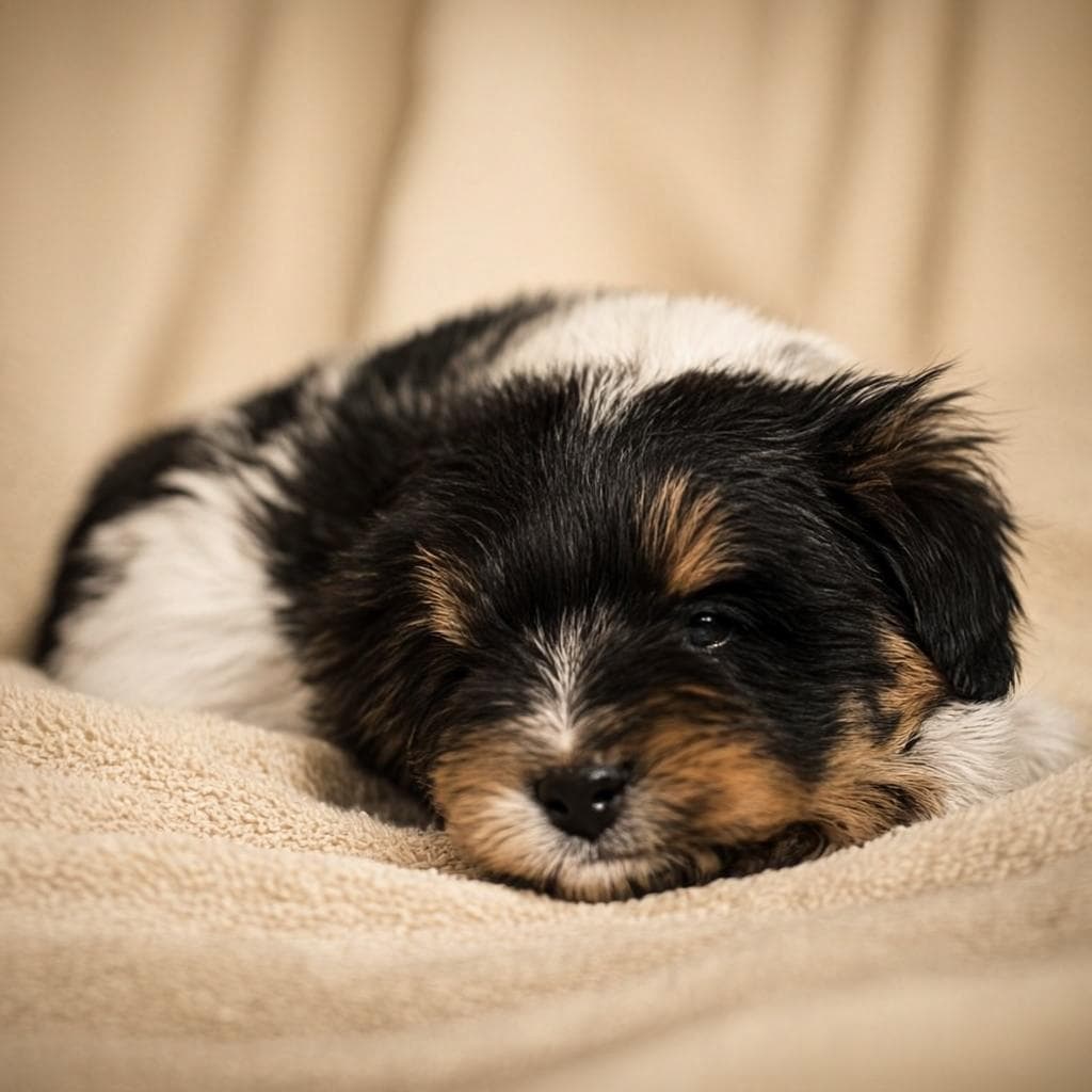 A Biewer Terrier puppy resting on a soft cream blanket