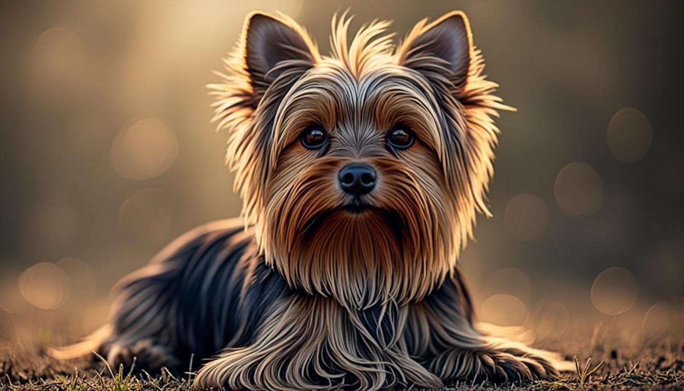 A beautifully bred Biewer Terrier with a flowing tri-colour coat in soft golden light