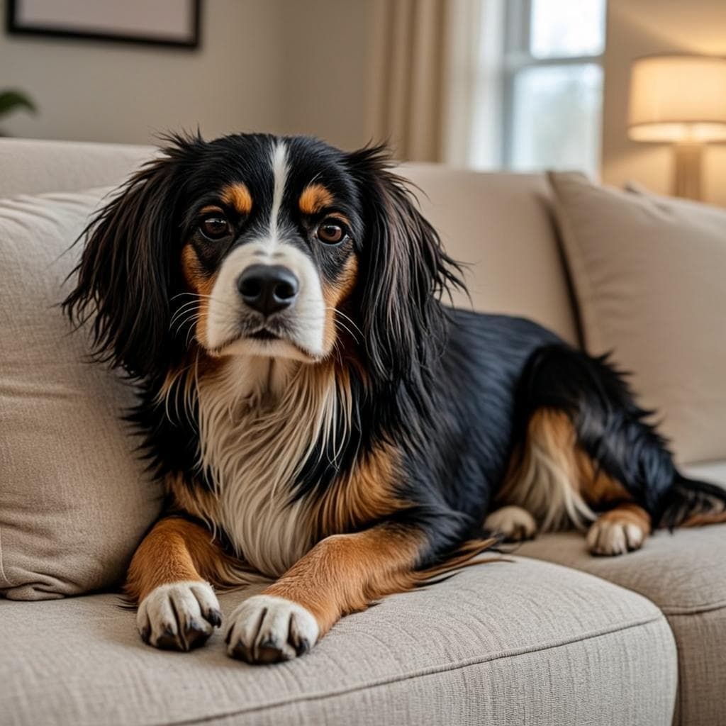 A Biewer Terrier resting on a family sofa